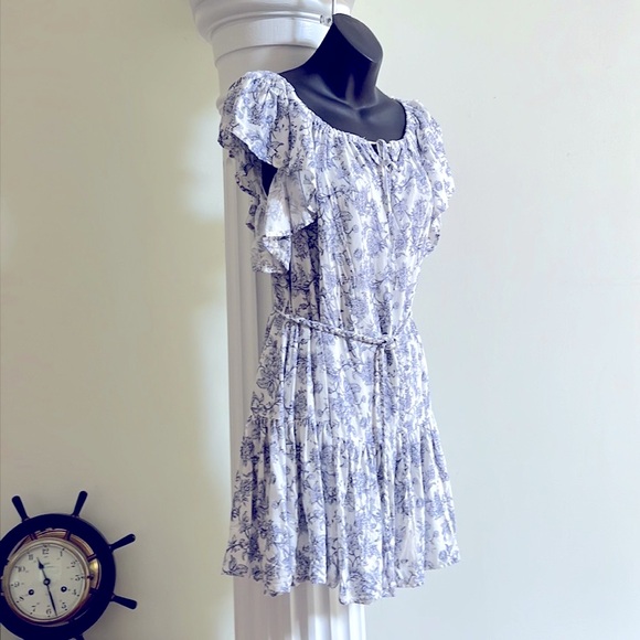 Cynthia Rowley Etoile Micro Floral White and Blue Tiered Summer Mini Dress 👗 - Picture 4 of 9
